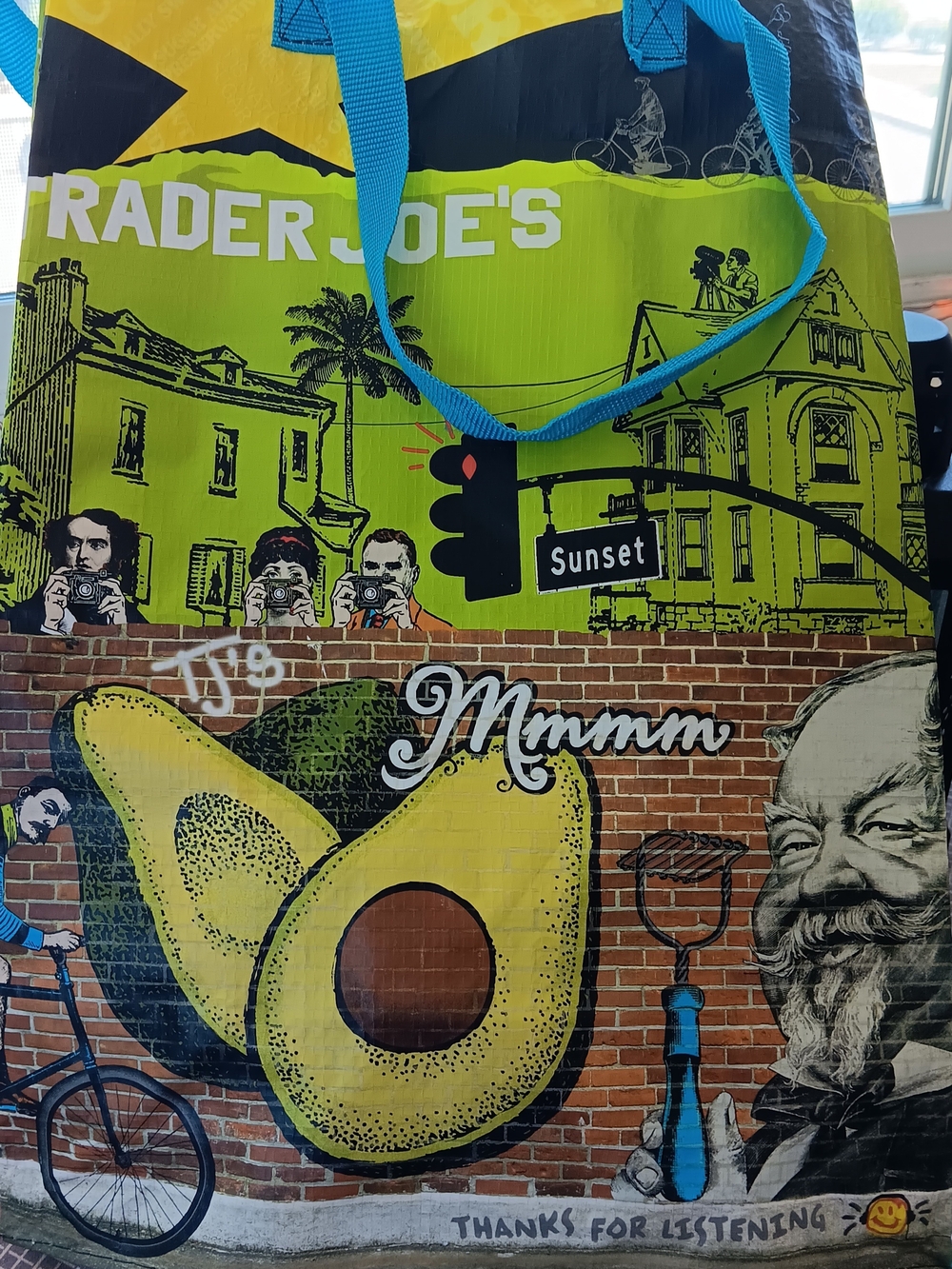 Trader Joe's Older, Avacado, Route 66 Plasticized Tote, Never Used